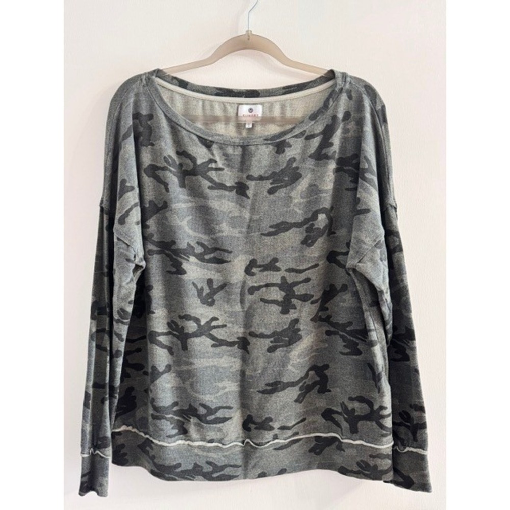 Sundry Womens Camo Boat Neck Sweatshirt Grey Black Size 3 L Made in USA
